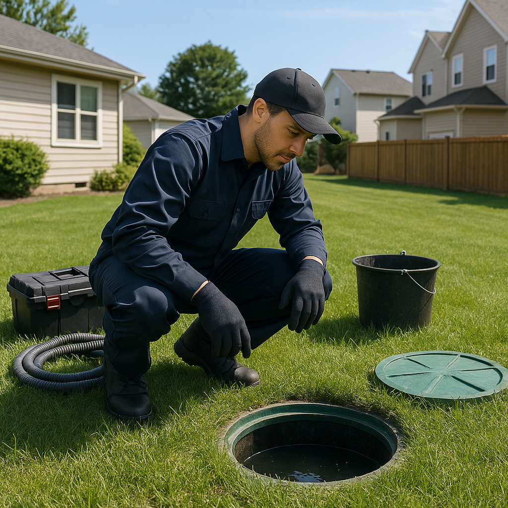 Septic technician inspecting system at a Marietta home